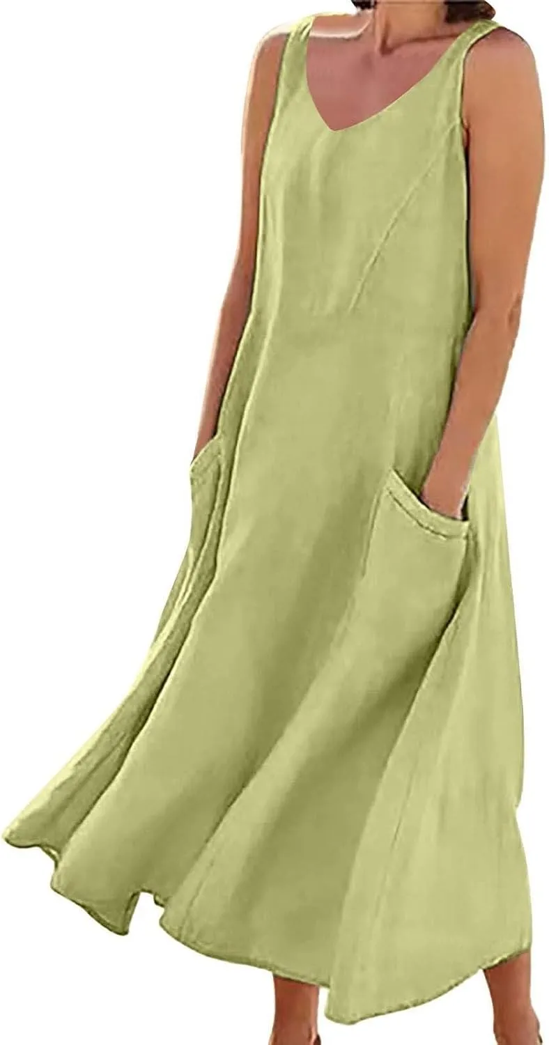 Summer Cotton Linen Long Dress for Women 2025 Sleeveless Boho Flowy Dresses Plus Size Loose Comfy Dress with Pockets