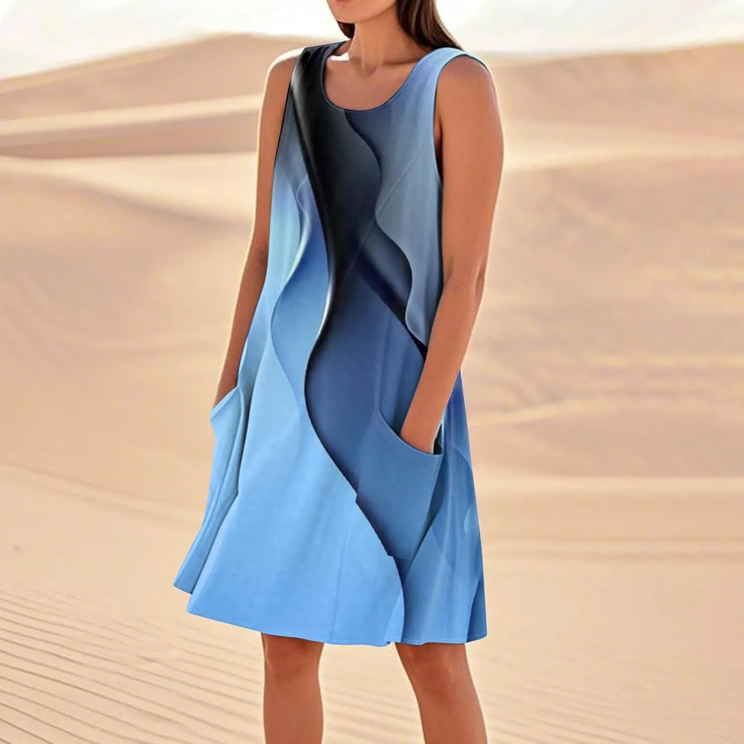 Summer Dresses for Women 2025 Crewneck Sleeveless Cotton Linen Tank Dress Beach Vacation Sundresses with Pockets