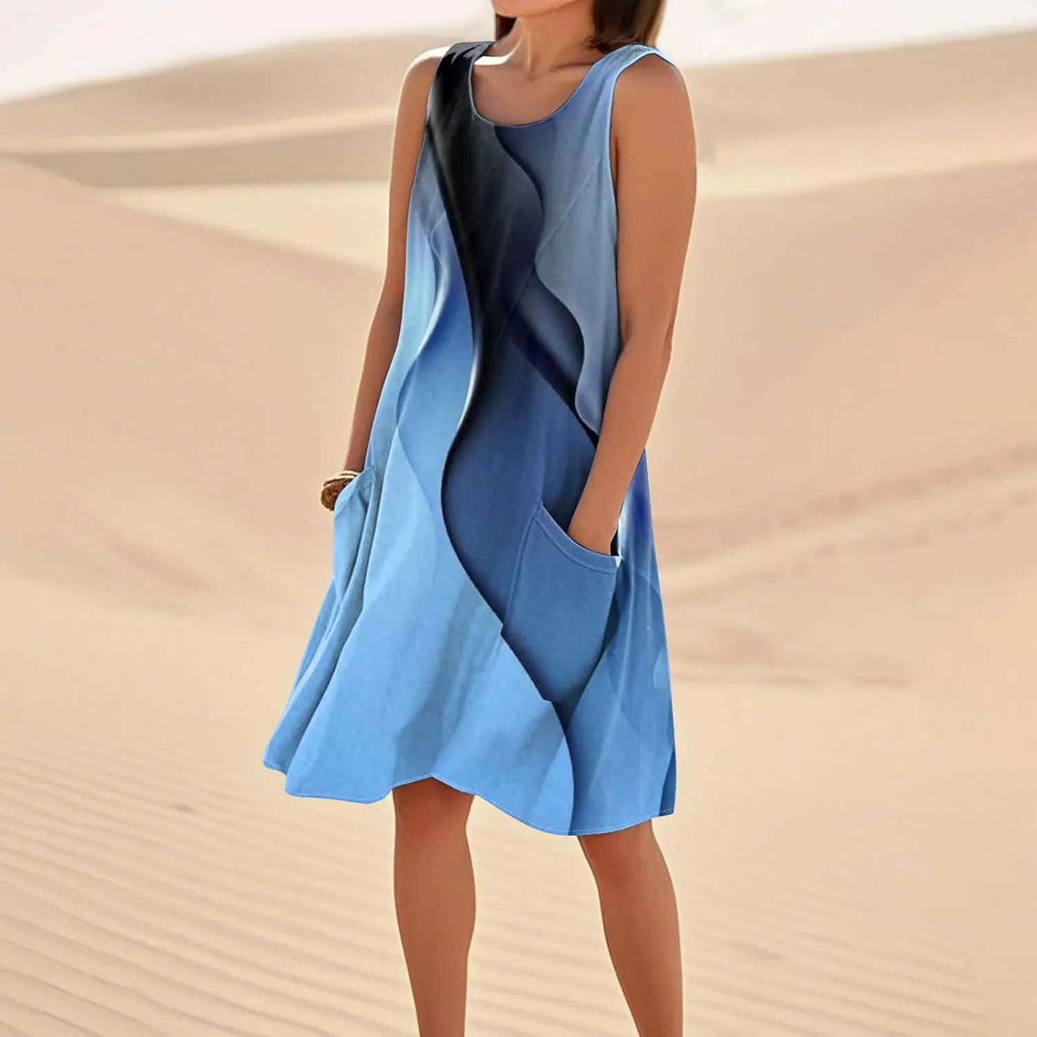 Summer Dresses for Women 2025 Crewneck Sleeveless Cotton Linen Tank Dress Beach Vacation Sundresses with Pockets