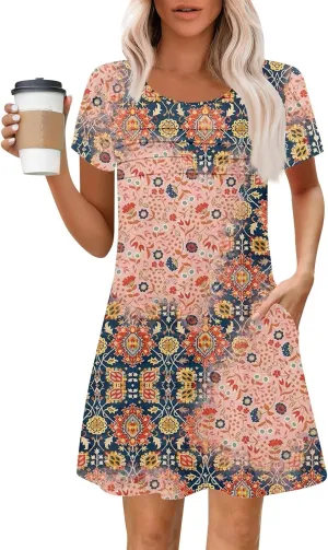 Summer Dresses for Women 2025 Floral Beach Loose Tshirt Dress Casual Short Sleeve Flowy Sundresses with Pockets