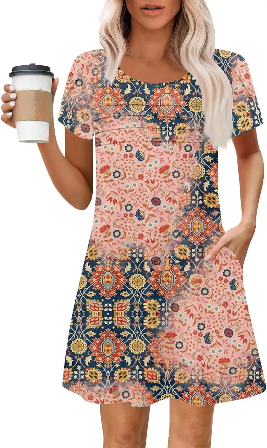 Summer Dresses for Women 2025 Floral Beach Loose Tshirt Dress Casual Short Sleeve Flowy Sundresses with Pockets