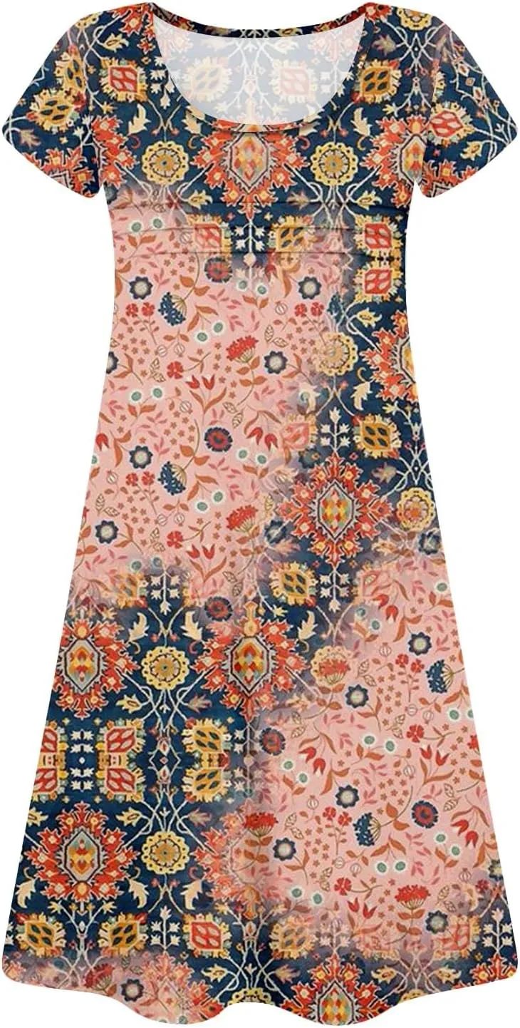 Summer Dresses for Women 2025 Floral Beach Loose Tshirt Dress Casual Short Sleeve Flowy Sundresses with Pockets