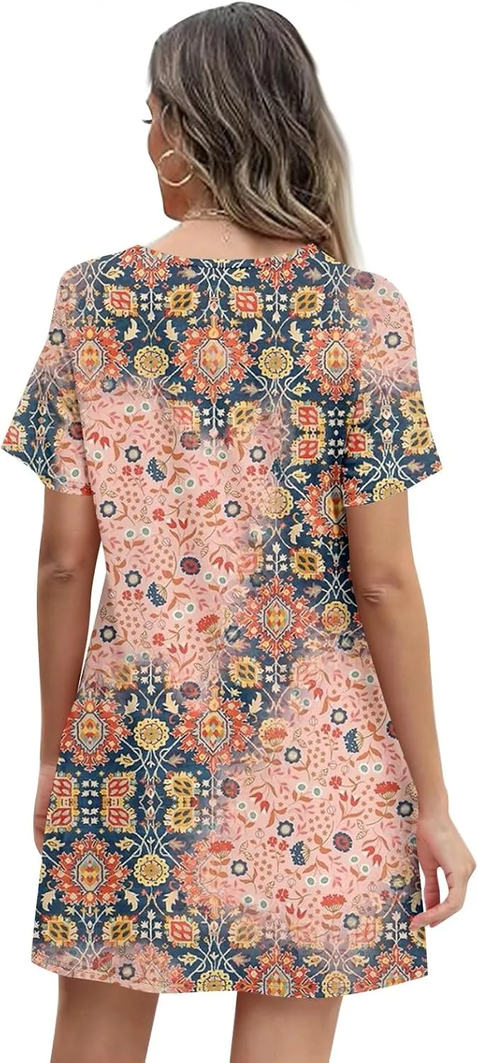 Summer Dresses for Women 2025 Floral Beach Loose Tshirt Dress Casual Short Sleeve Flowy Sundresses with Pockets
