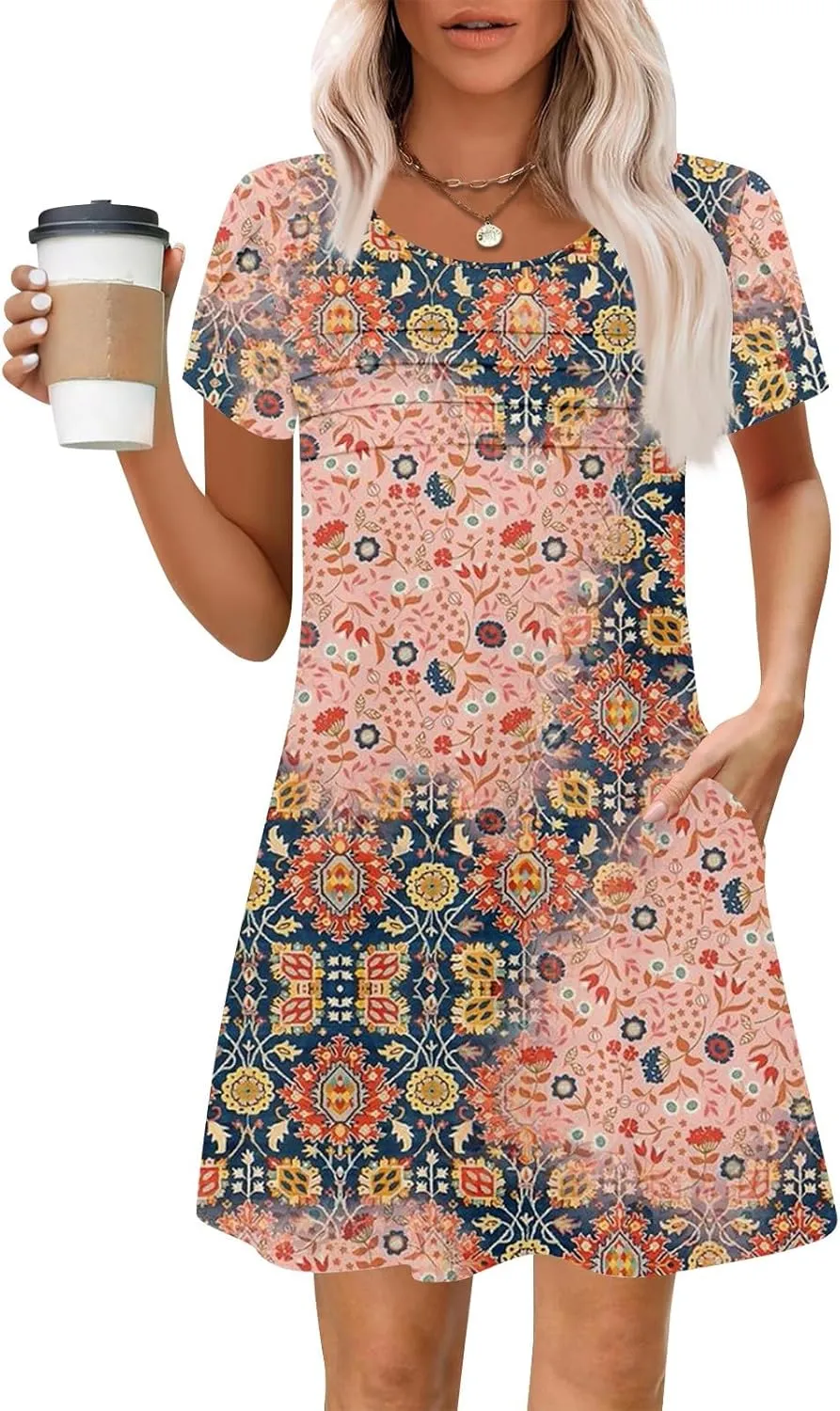 Summer Dresses for Women 2025 Floral Beach Loose Tshirt Dress Casual Short Sleeve Flowy Sundresses with Pockets
