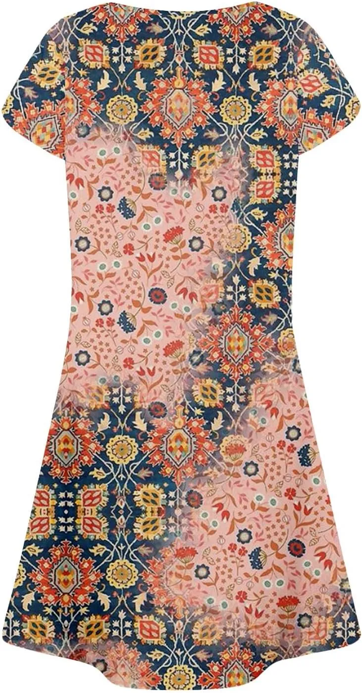 Summer Dresses for Women 2025 Floral Beach Loose Tshirt Dress Casual Short Sleeve Flowy Sundresses with Pockets