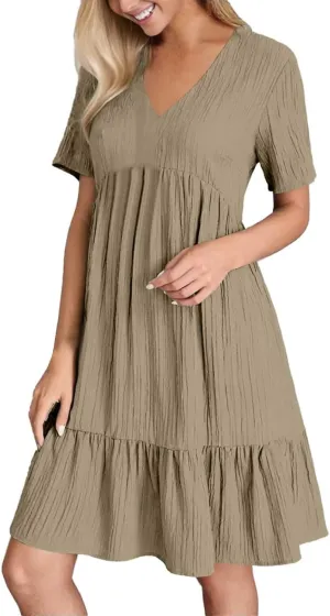 Summer Dresses for Women 2025 Vacation V Neck Short Sleeve Mini T Shirt Dress Pleated Ruffle Flowy Beach Sundresses