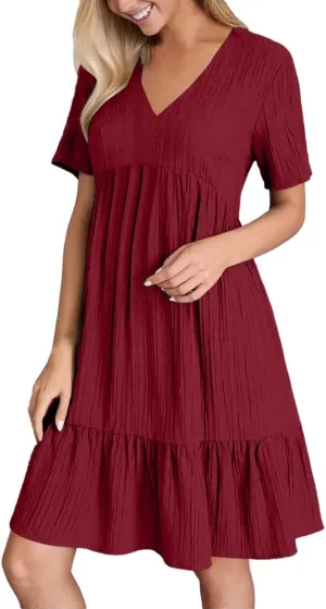 Summer Dresses for Women 2025 Vacation V Neck Short Sleeve Mini T Shirt Dress Pleated Ruffle Flowy Beach Sundresses