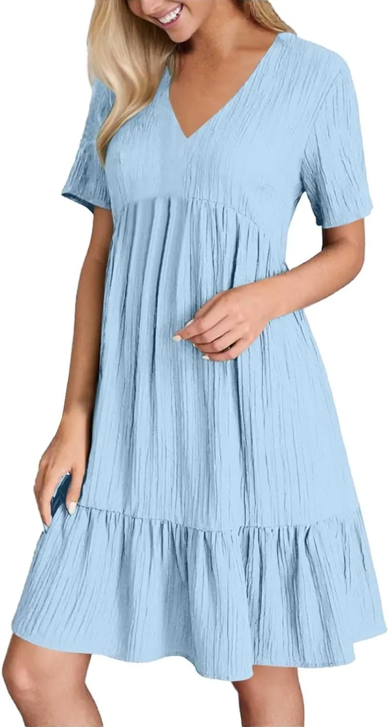 Summer Dresses for Women 2025 Vacation V Neck Short Sleeve Mini T Shirt Dress Pleated Ruffle Flowy Beach Sundresses