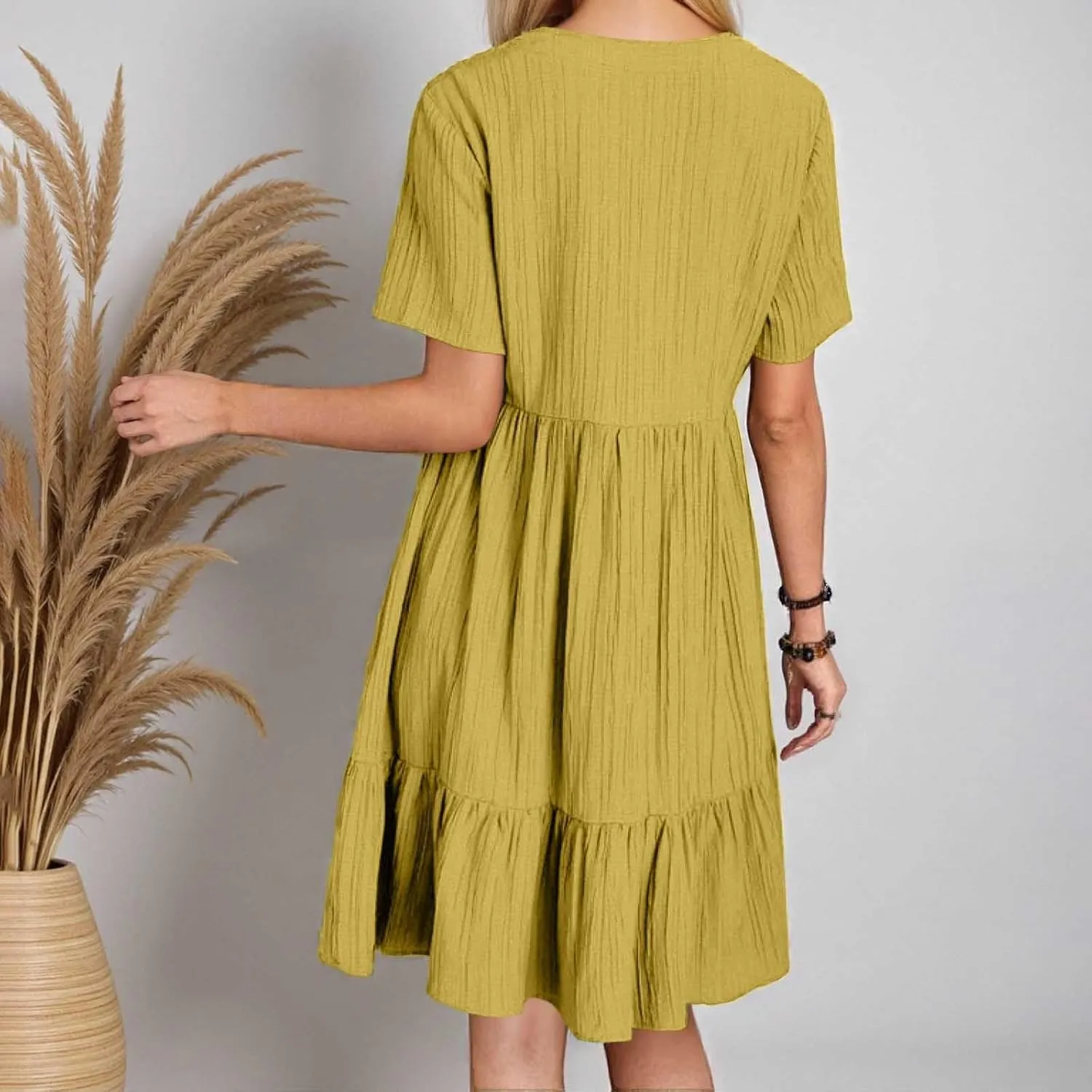 Summer Dresses for Women 2025 Vacation V Neck Short Sleeve Mini T Shirt Dress Pleated Ruffle Flowy Beach Sundresses