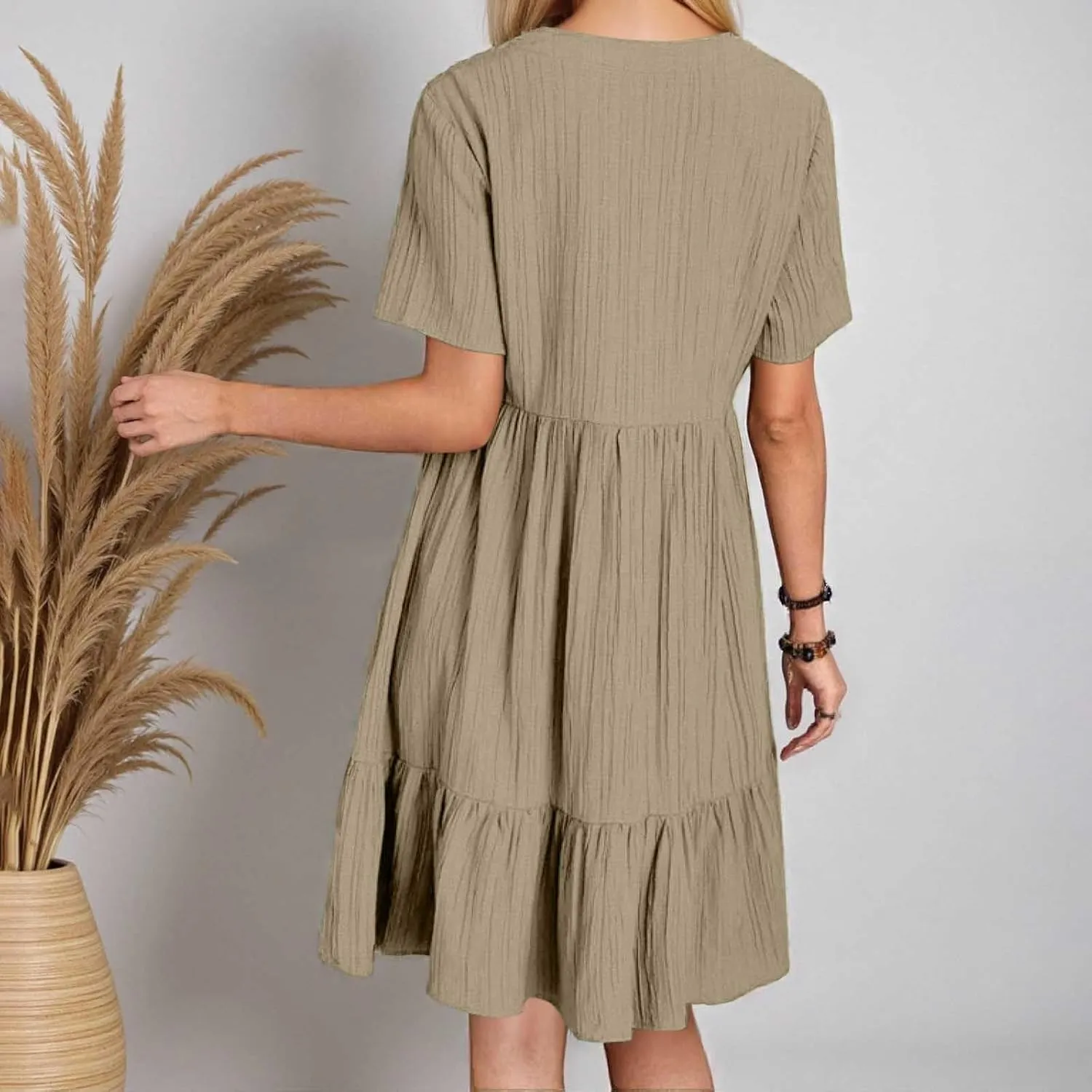 Summer Dresses for Women 2025 Vacation V Neck Short Sleeve Mini T Shirt Dress Pleated Ruffle Flowy Beach Sundresses