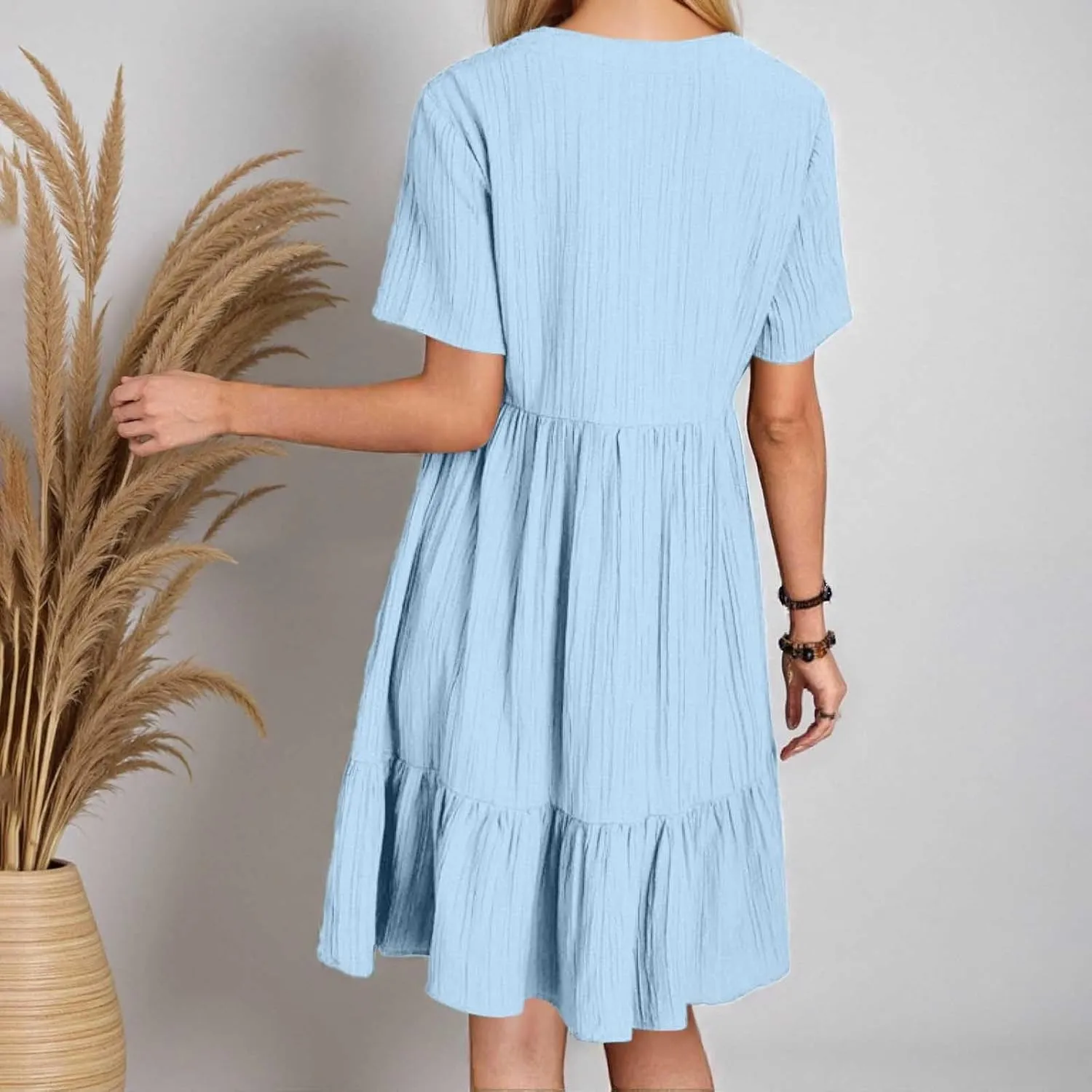 Summer Dresses for Women 2025 Vacation V Neck Short Sleeve Mini T Shirt Dress Pleated Ruffle Flowy Beach Sundresses