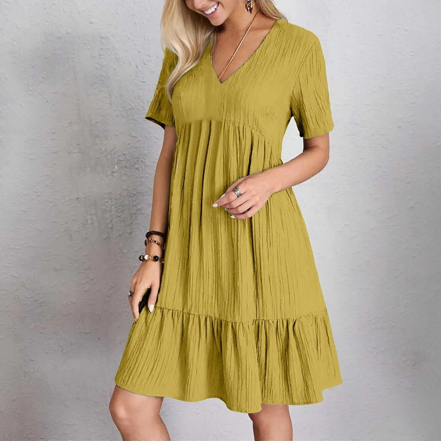 Summer Dresses for Women 2025 Vacation V Neck Short Sleeve Mini T Shirt Dress Pleated Ruffle Flowy Beach Sundresses