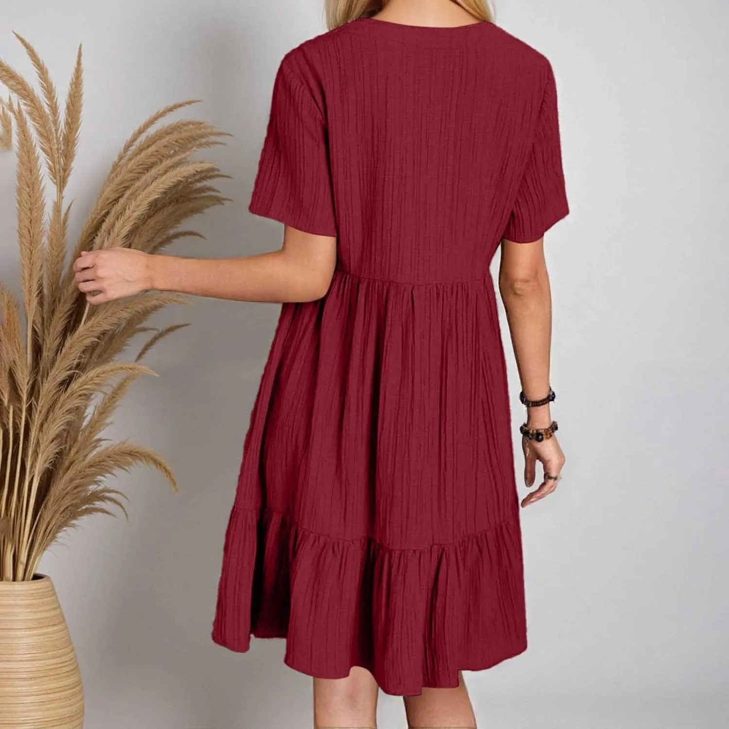 Summer Dresses for Women 2025 Vacation V Neck Short Sleeve Mini T Shirt Dress Pleated Ruffle Flowy Beach Sundresses