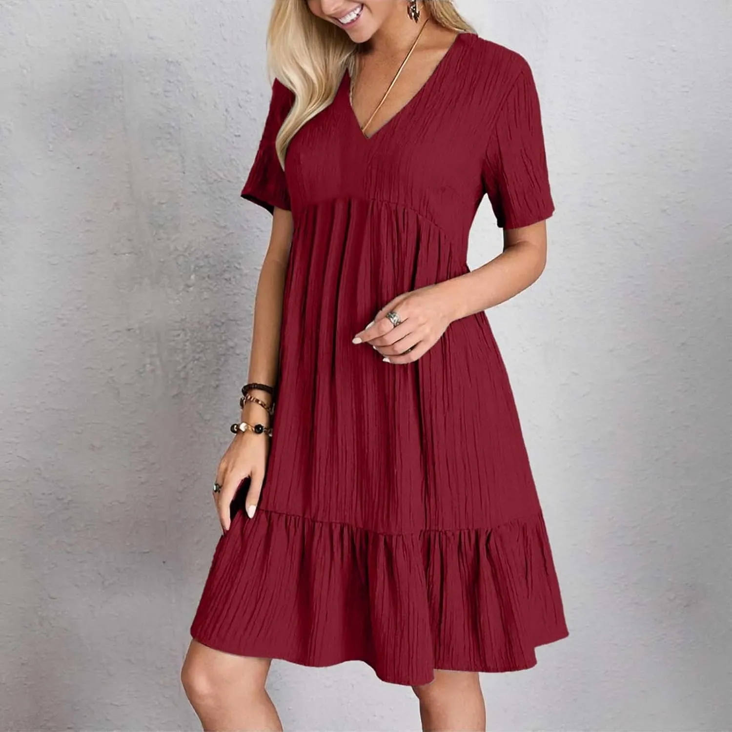 Summer Dresses for Women 2025 Vacation V Neck Short Sleeve Mini T Shirt Dress Pleated Ruffle Flowy Beach Sundresses
