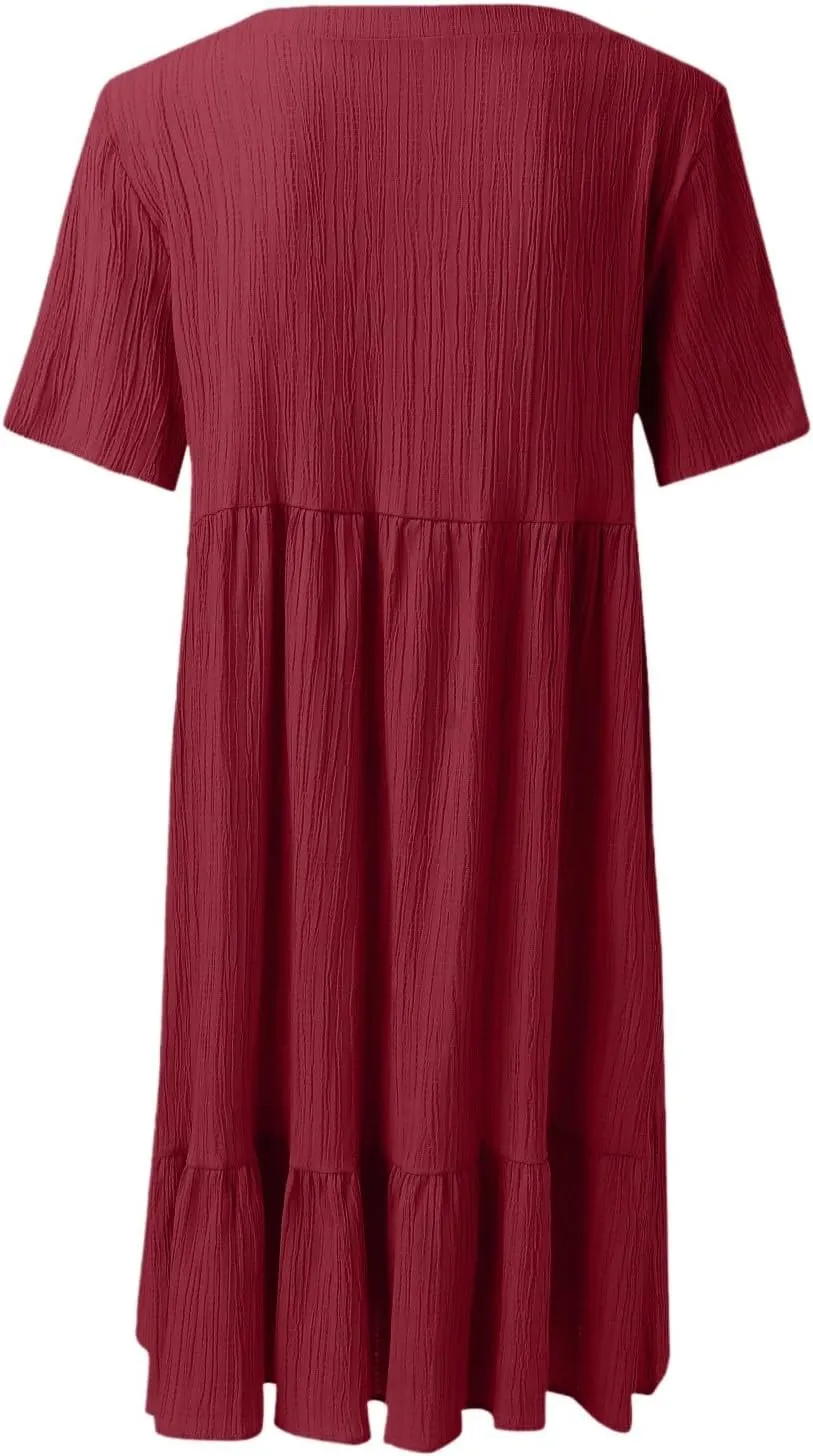 Summer Dresses for Women 2025 Vacation V Neck Short Sleeve Mini T Shirt Dress Pleated Ruffle Flowy Beach Sundresses