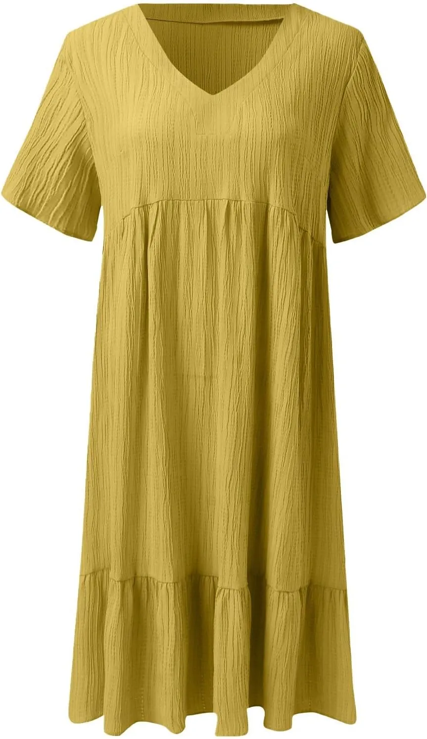 Summer Dresses for Women 2025 Vacation V Neck Short Sleeve Mini T Shirt Dress Pleated Ruffle Flowy Beach Sundresses