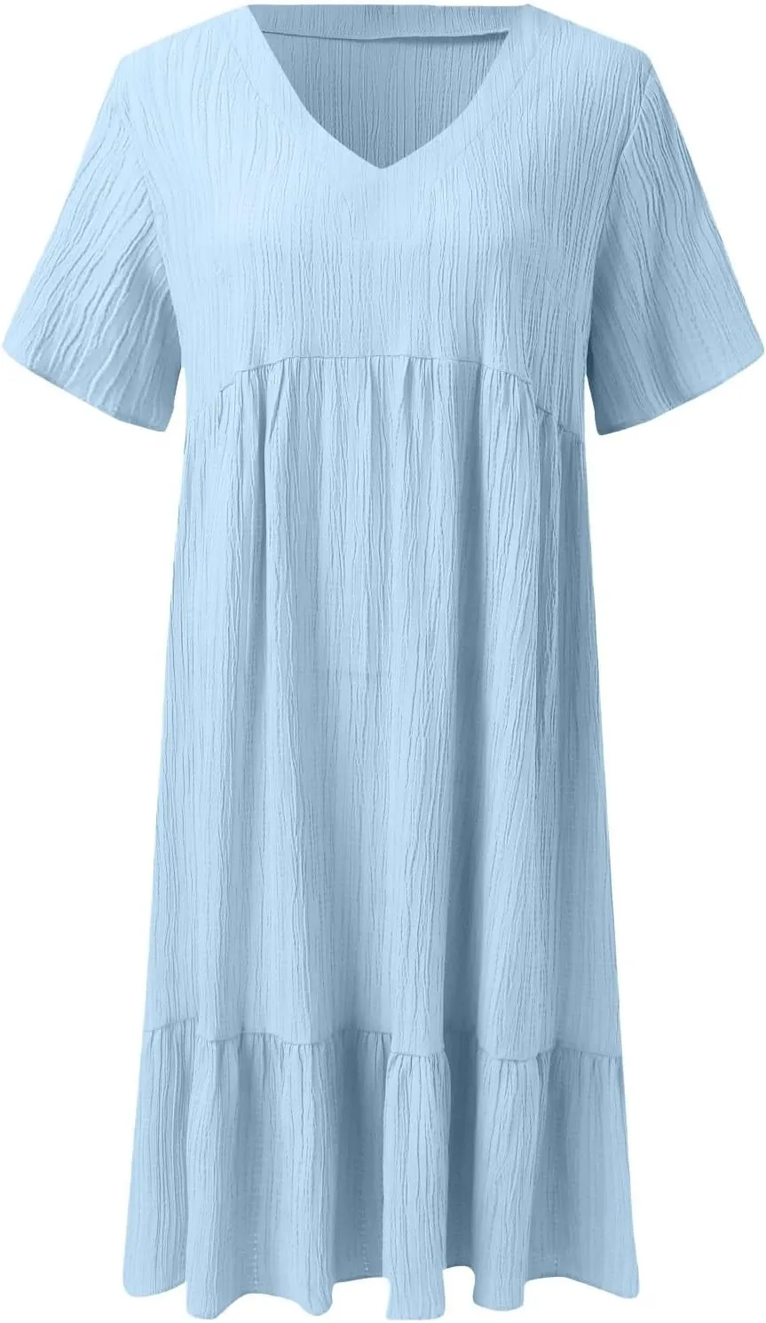 Summer Dresses for Women 2025 Vacation V Neck Short Sleeve Mini T Shirt Dress Pleated Ruffle Flowy Beach Sundresses