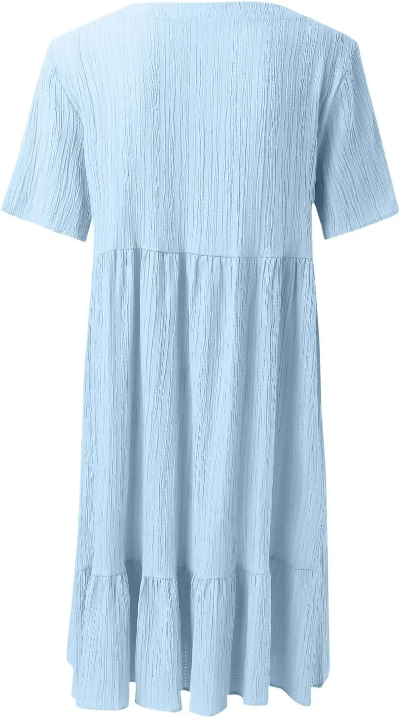 Summer Dresses for Women 2025 Vacation V Neck Short Sleeve Mini T Shirt Dress Pleated Ruffle Flowy Beach Sundresses