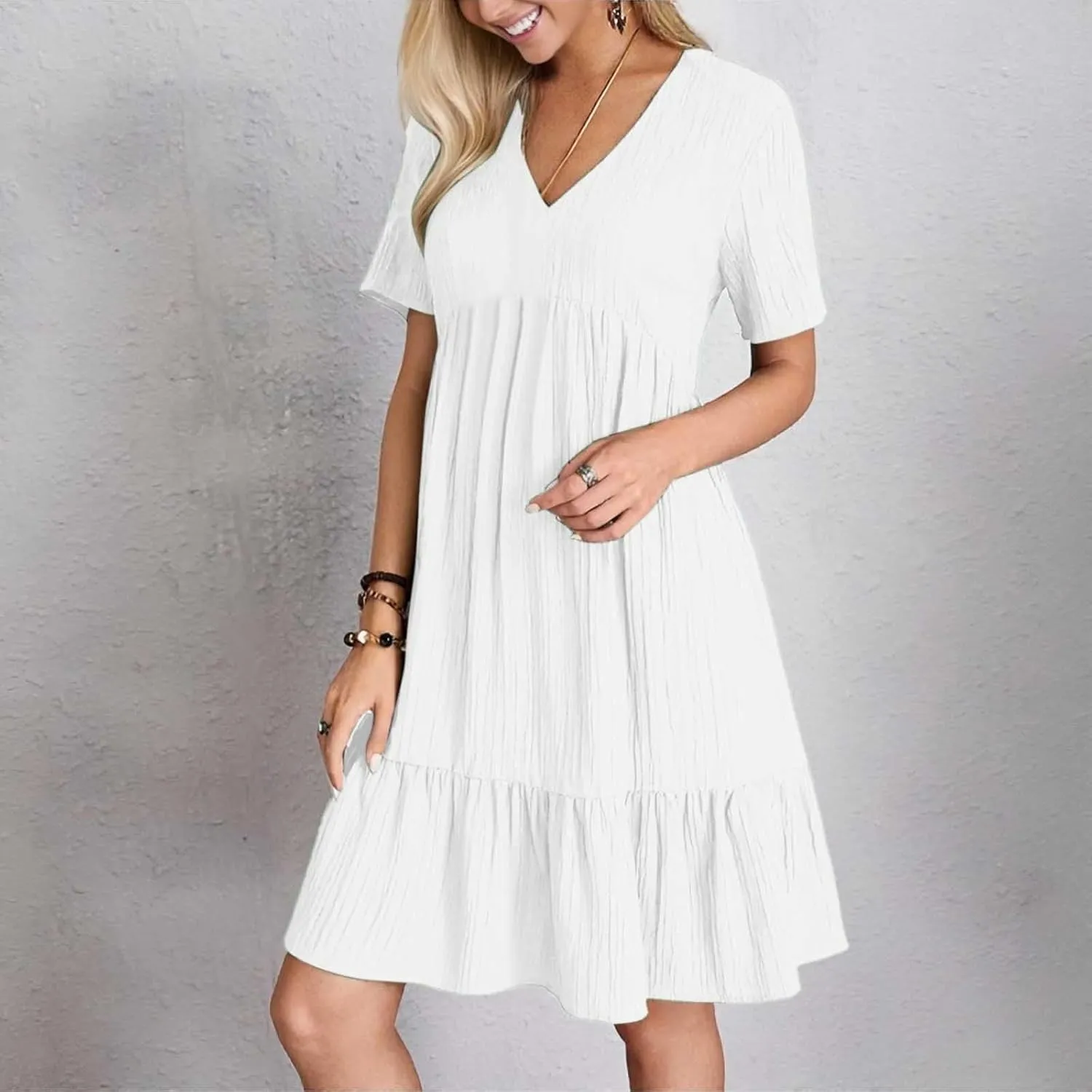 Summer Dresses for Women 2025 Vacation V Neck Short Sleeve Mini T Shirt Dress Pleated Ruffle Flowy Beach Sundresses