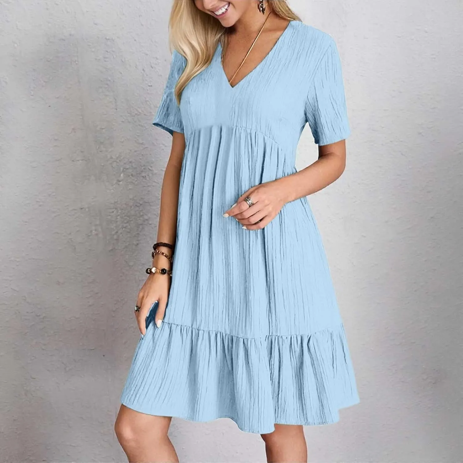 Summer Dresses for Women 2025 Vacation V Neck Short Sleeve Mini T Shirt Dress Pleated Ruffle Flowy Beach Sundresses