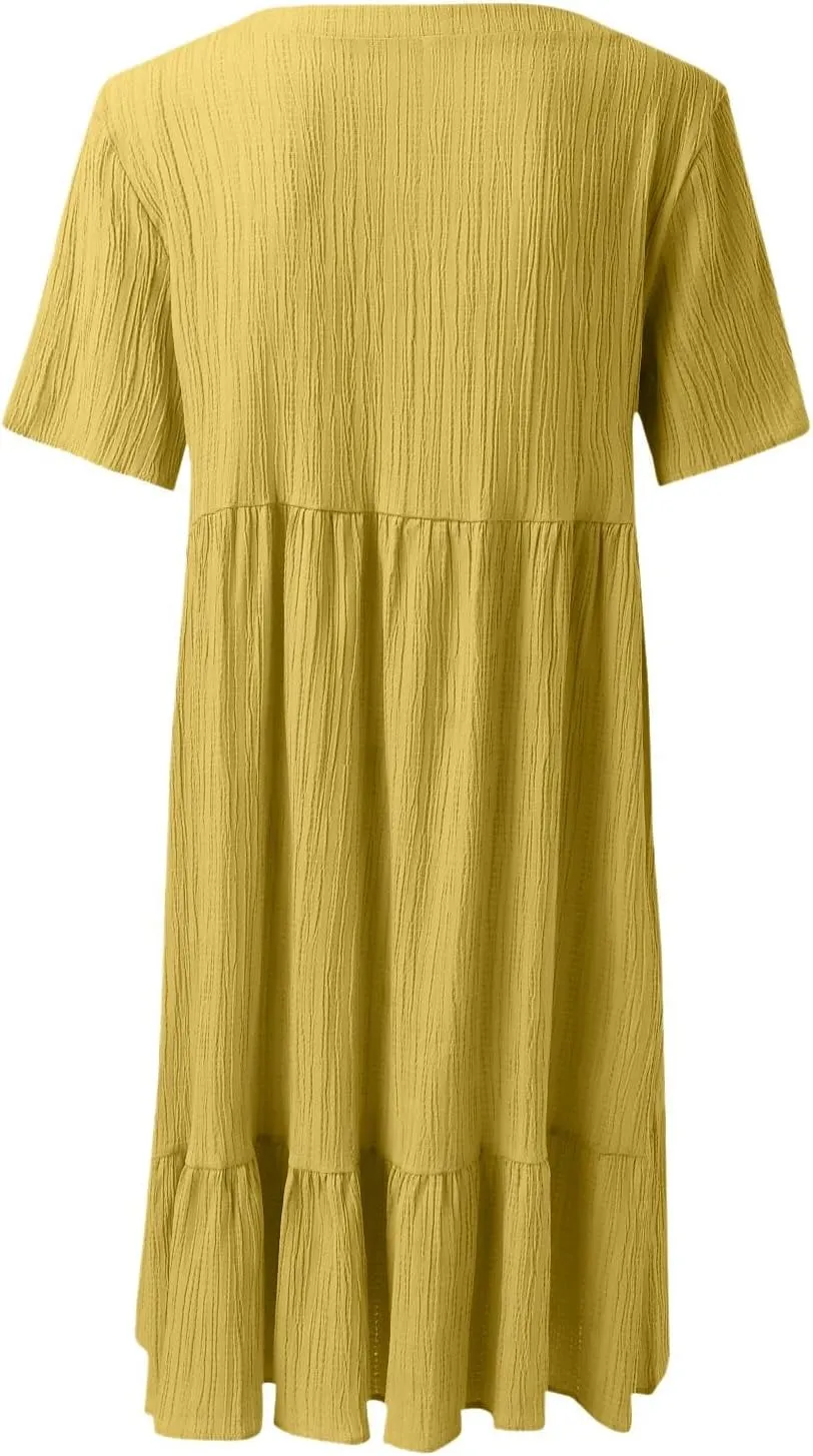 Summer Dresses for Women 2025 Vacation V Neck Short Sleeve Mini T Shirt Dress Pleated Ruffle Flowy Beach Sundresses