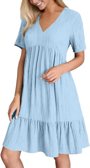 Summer Dresses for Women 2025 Vacation V Neck Short Sleeve Mini T Shirt Dress Pleated Ruffle Flowy Beach Sundresses
