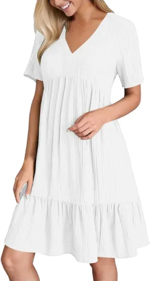 Summer Dresses for Women 2025 Vacation V Neck Short Sleeve Mini T Shirt Dress Pleated Ruffle Flowy Beach Sundresses