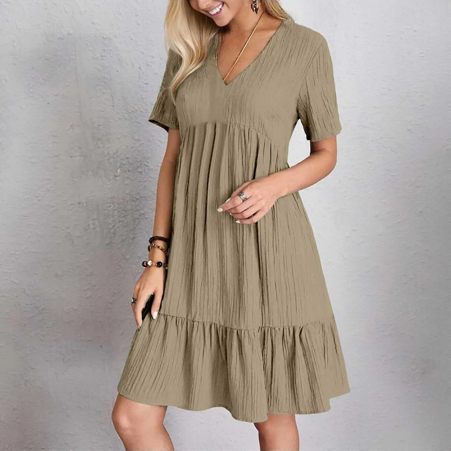 Summer Dresses for Women 2025 Vacation V Neck Short Sleeve Mini T Shirt Dress Pleated Ruffle Flowy Beach Sundresses