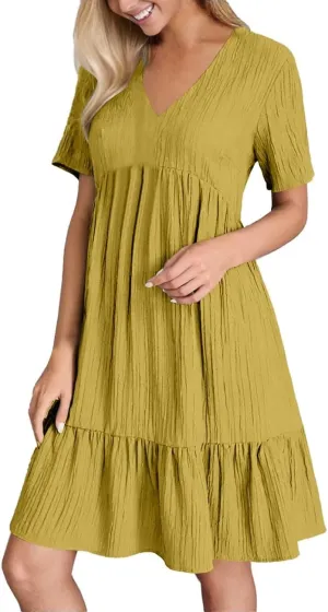Summer Dresses for Women 2025 Vacation V Neck Short Sleeve Mini T Shirt Dress Pleated Ruffle Flowy Beach Sundresses
