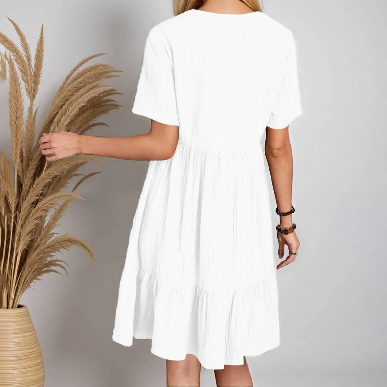 Summer Dresses for Women 2025 Vacation V Neck Short Sleeve Mini T Shirt Dress Pleated Ruffle Flowy Beach Sundresses