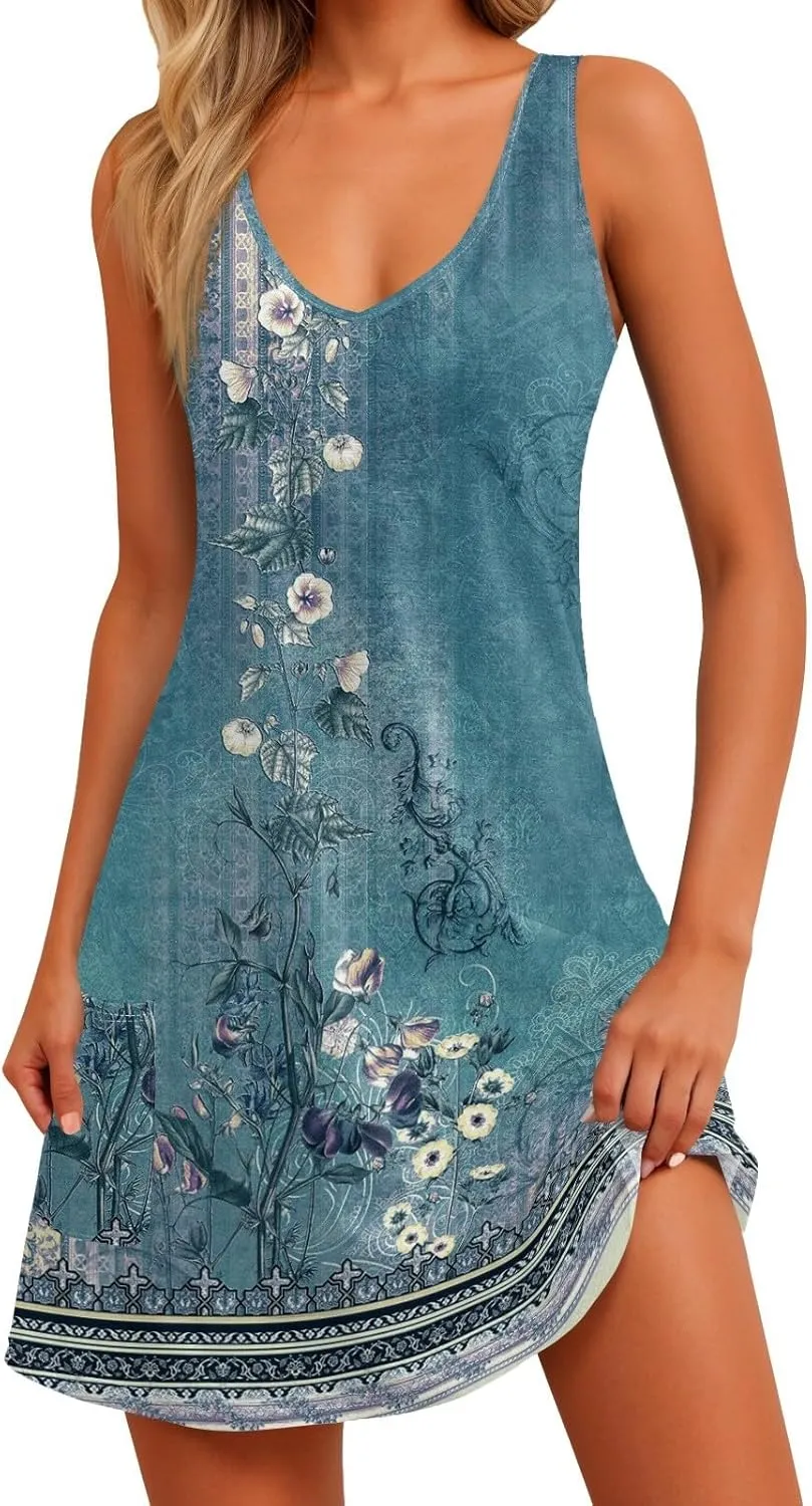 Summer Dresses for Women Casual Loose V Neck Sleeveless Sundresses Boho Beach Dress Swimsuit Coverup with Pockets