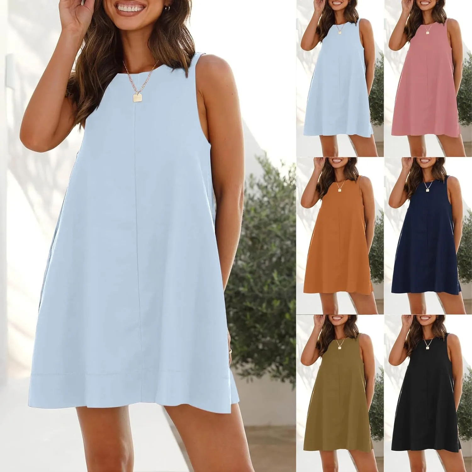 Summer Dresses for Women Casual Sleeveless Mini Dress Crewneck Backless Linen Dress Loose Flowy Sundress with Pocket