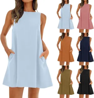 Summer Dresses for Women Casual Sleeveless Mini Dress Crewneck Backless Linen Dress Loose Flowy Sundress with Pocket
