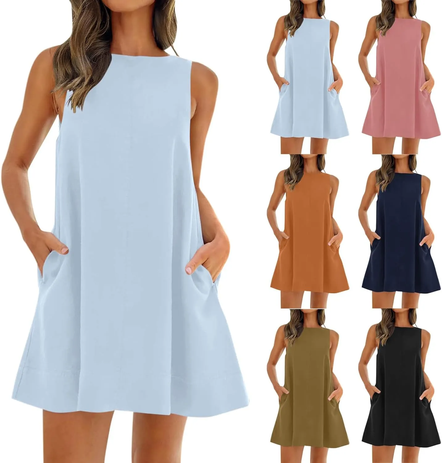 Summer Dresses for Women Casual Sleeveless Mini Dress Crewneck Backless Linen Dress Loose Flowy Sundress with Pocket
