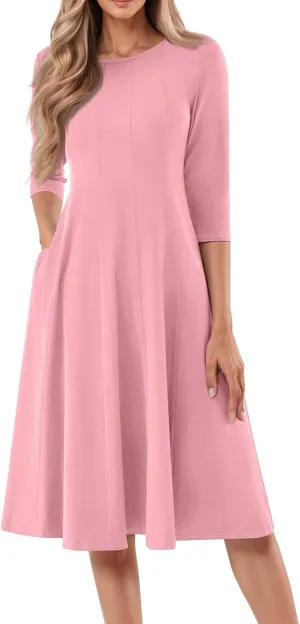 Summer Dresses for Women Crewneck 3/4 Sleeve Dress A Line Dress Spring Midi Casual Flowy with Pocket