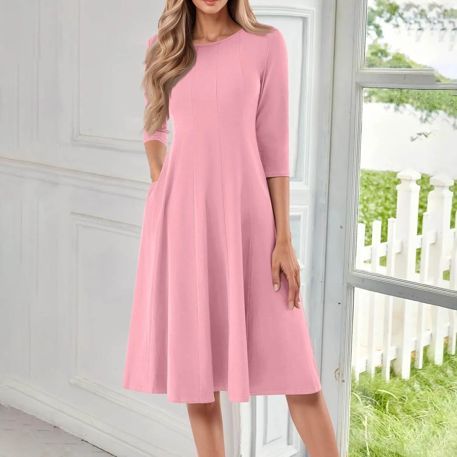 Summer Dresses for Women Crewneck 3/4 Sleeve Dress A Line Dress Spring Midi Casual Flowy with Pocket