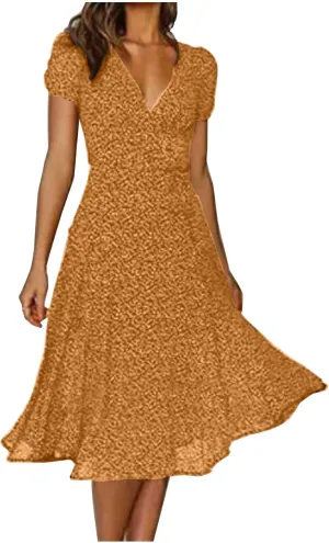 Summer Dresses for Women Floral Boho Dress Beach Casual Mid Length Dress Short Sleeve Flowy Elegant Midi Dresses