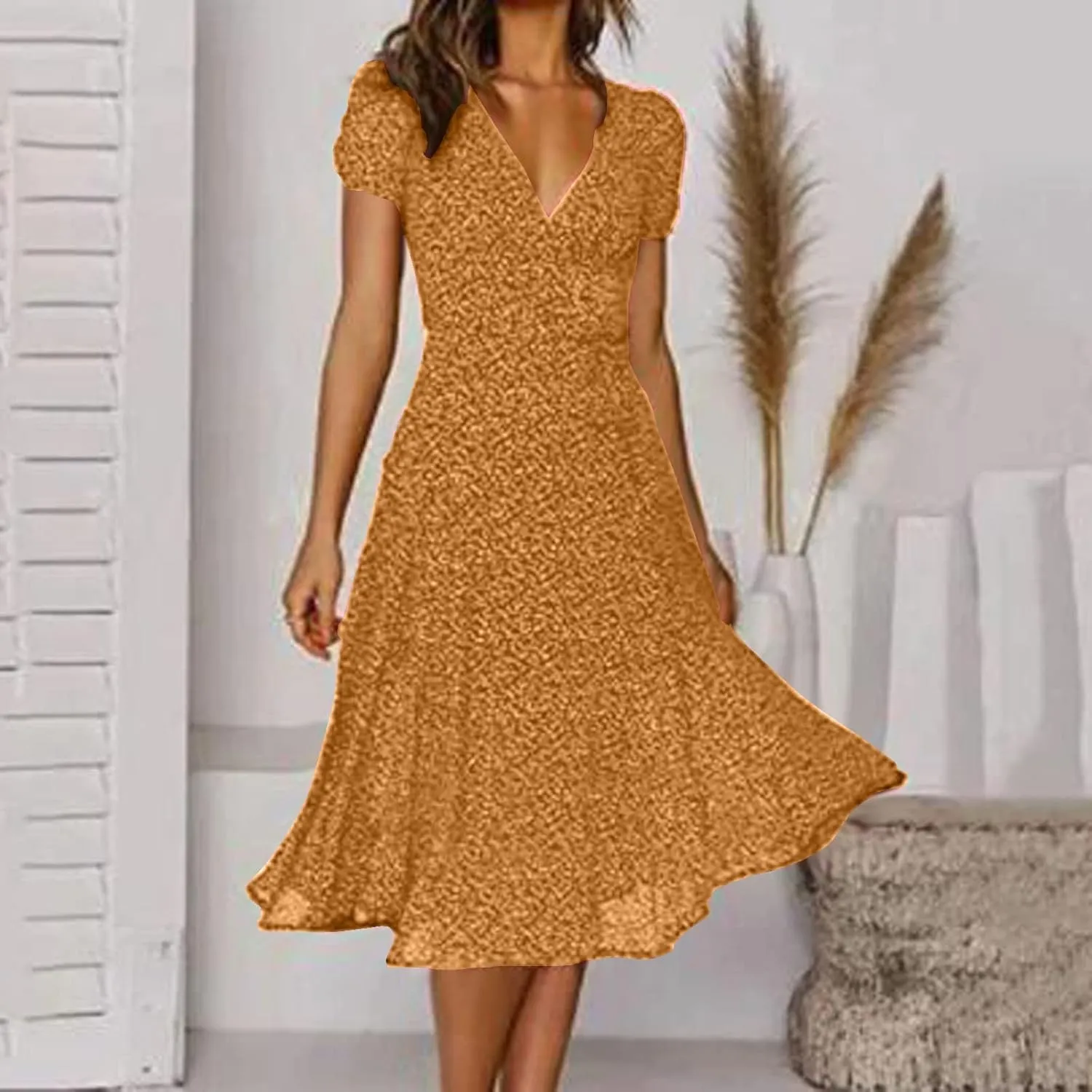 Summer Dresses for Women Floral Boho Dress Beach Casual Mid Length Dress Short Sleeve Flowy Elegant Midi Dresses