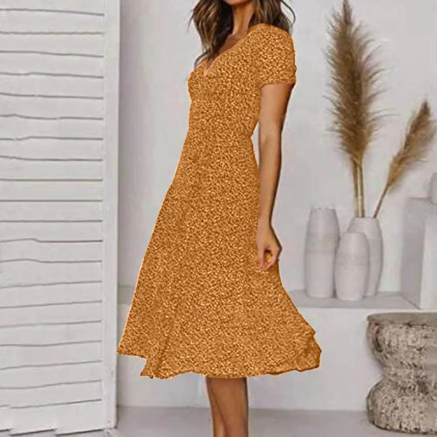Summer Dresses for Women Floral Boho Dress Beach Casual Mid Length Dress Short Sleeve Flowy Elegant Midi Dresses