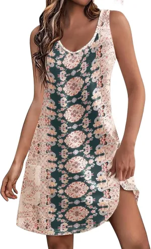 Summer Dresses for Women, V Neck Sleeveless Sundresses with Pockets Casual Boho Beach Dress Vacation Flowy Dresses