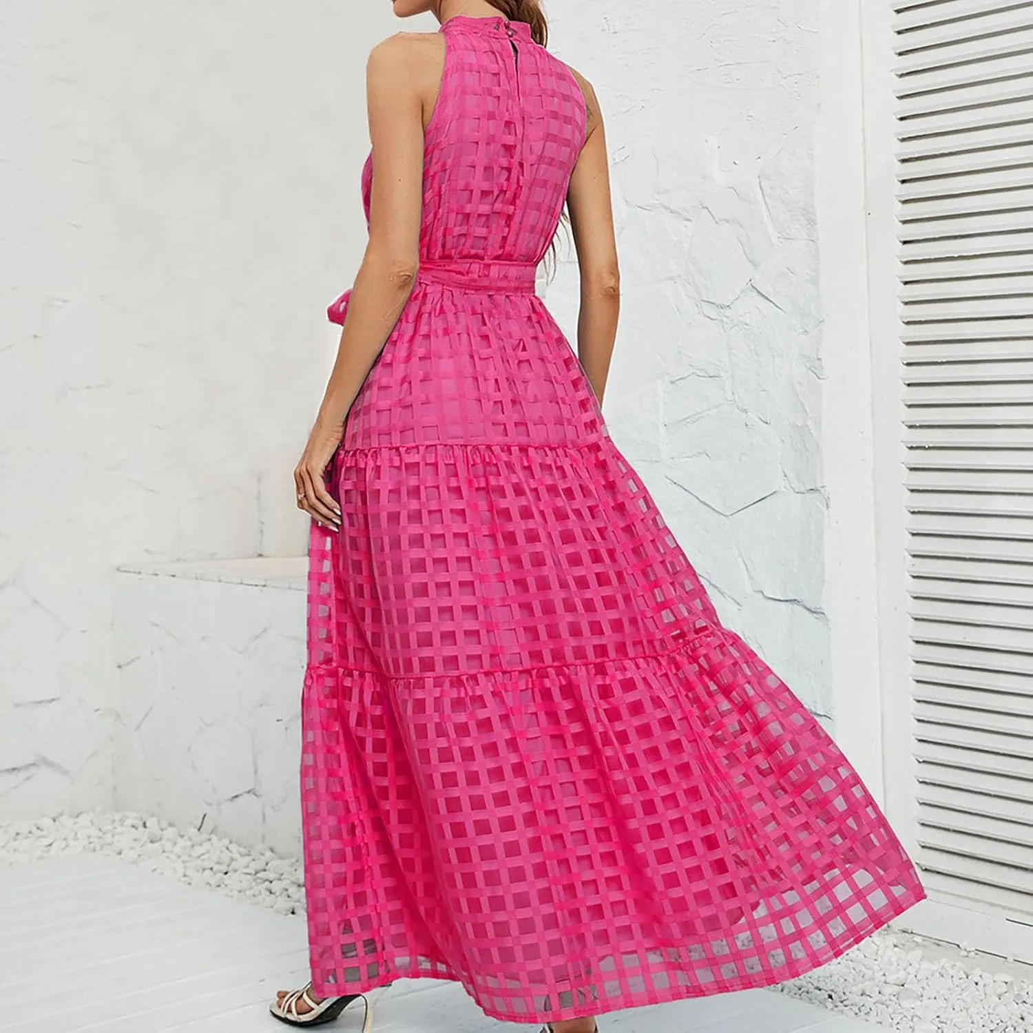 Summer Maxi Dresses for Women Sleeveless Crochet Casual Long Dress Halter Neck Smocked Tiered Ruffle Sundress
