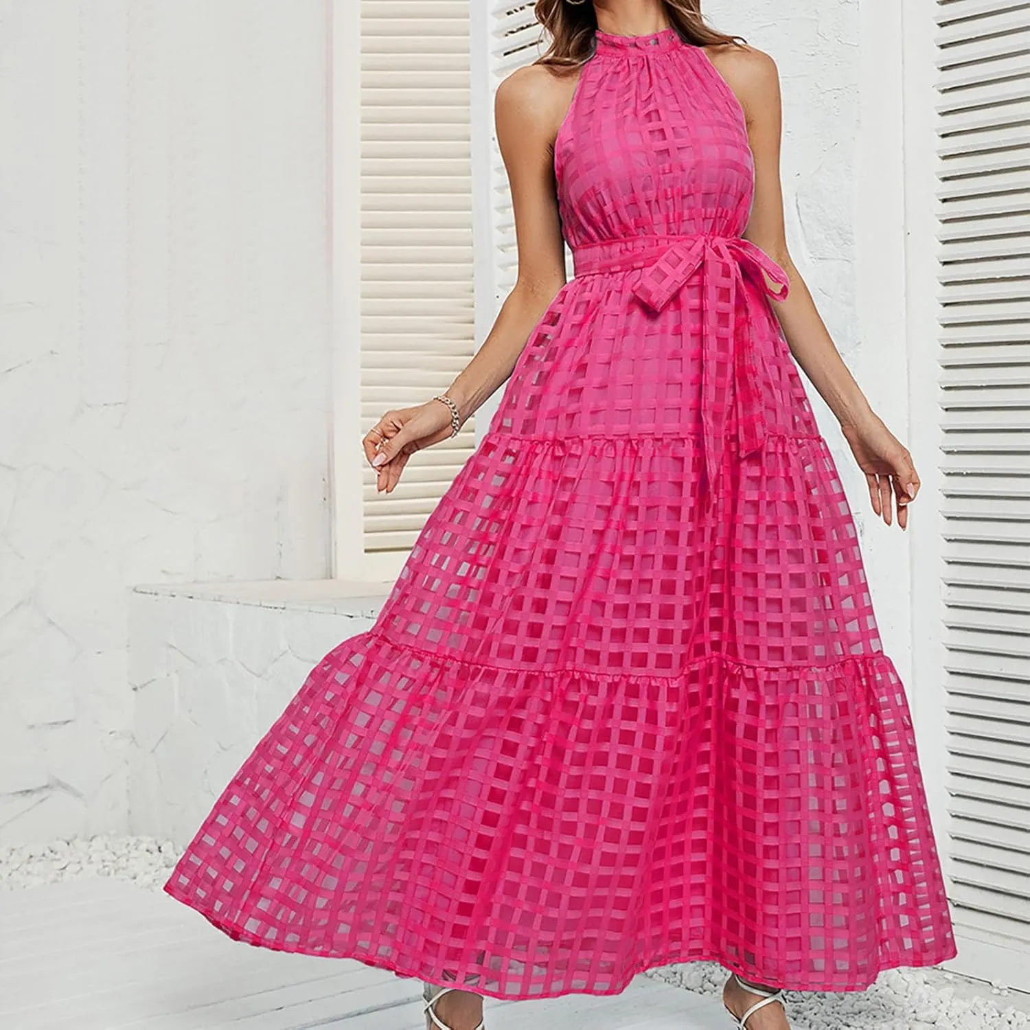 Summer Maxi Dresses for Women Sleeveless Crochet Casual Long Dress Halter Neck Smocked Tiered Ruffle Sundress