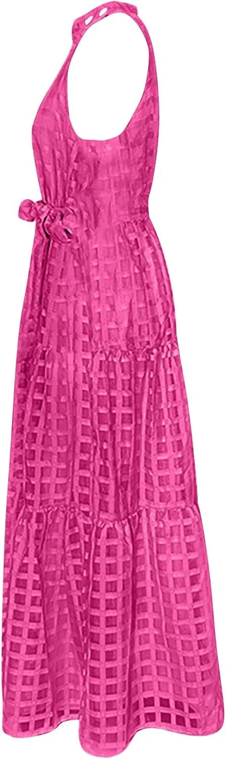 Summer Maxi Dresses for Women Sleeveless Crochet Casual Long Dress Halter Neck Smocked Tiered Ruffle Sundress