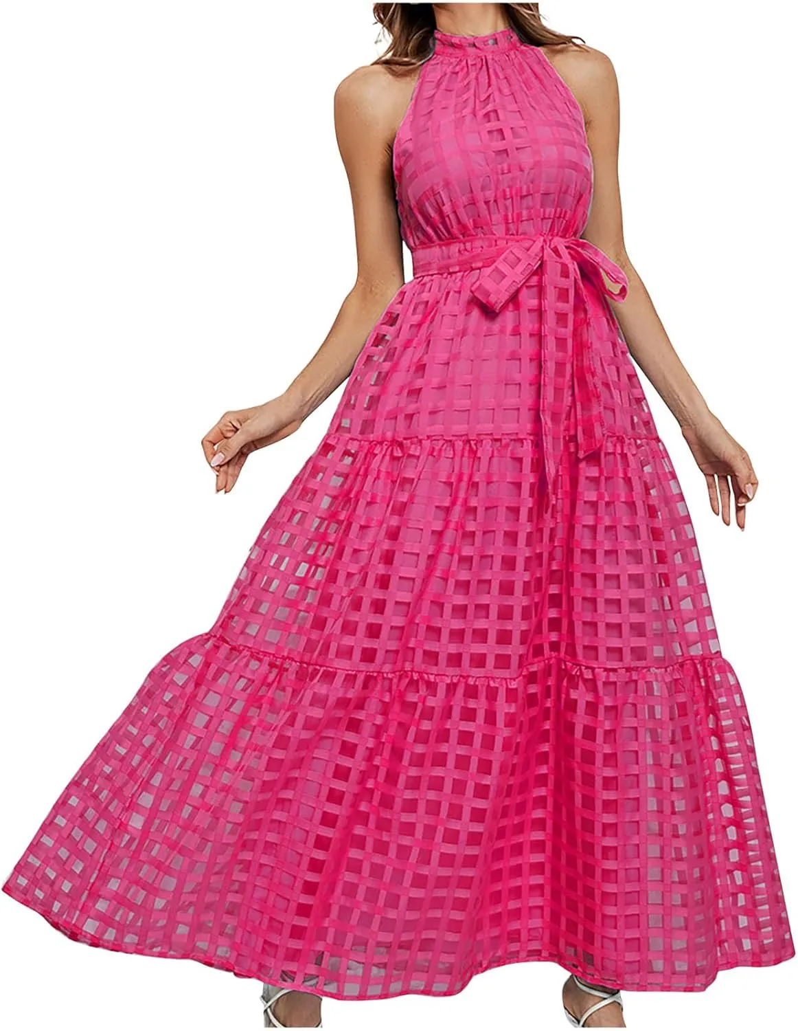 Summer Maxi Dresses for Women Sleeveless Crochet Casual Long Dress Halter Neck Smocked Tiered Ruffle Sundress