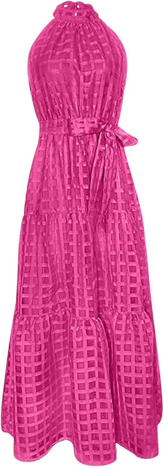 Summer Maxi Dresses for Women Sleeveless Crochet Casual Long Dress Halter Neck Smocked Tiered Ruffle Sundress