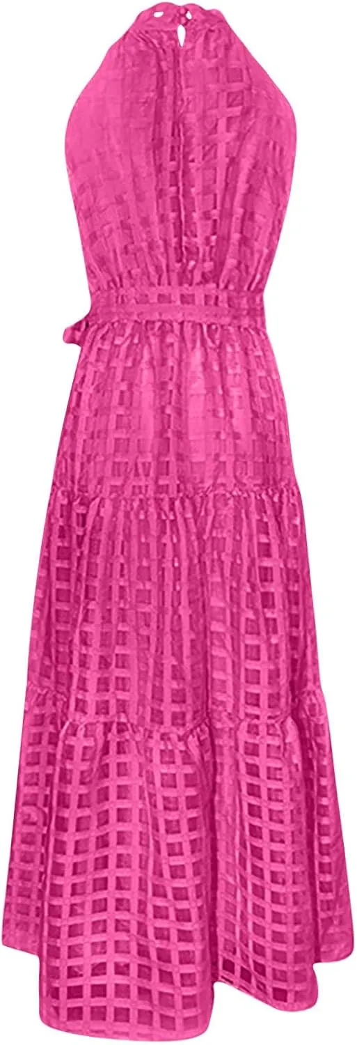 Summer Maxi Dresses for Women Sleeveless Crochet Casual Long Dress Halter Neck Smocked Tiered Ruffle Sundress