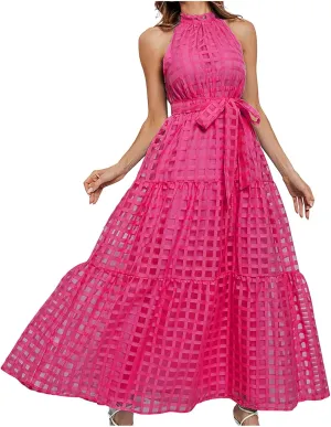 Summer Maxi Dresses for Women Sleeveless Crochet Casual Long Dress Halter Neck Smocked Tiered Ruffle Sundress