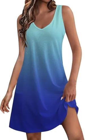 Summer Sleeveless Tank Dress for Women 2025 V Neck Sundresses Boho Dresses Beach Swimsuit Coverup with Pockets