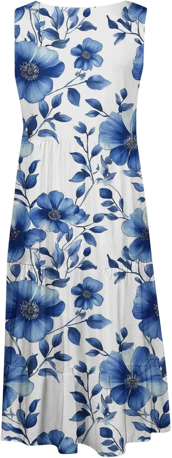 Summer Tank Dresses for Women Ruffle Tiered Loose Casual A Line Beach Dress Sleeveless Floral Print Boho Sundress