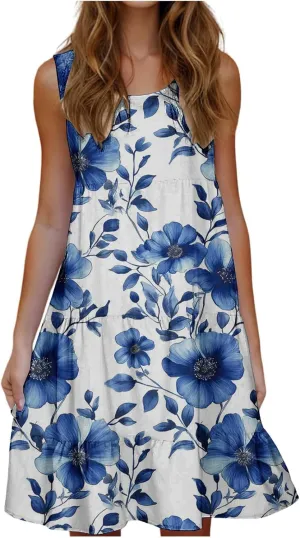 Summer Tank Dresses for Women Ruffle Tiered Loose Casual A Line Beach Dress Sleeveless Floral Print Boho Sundress